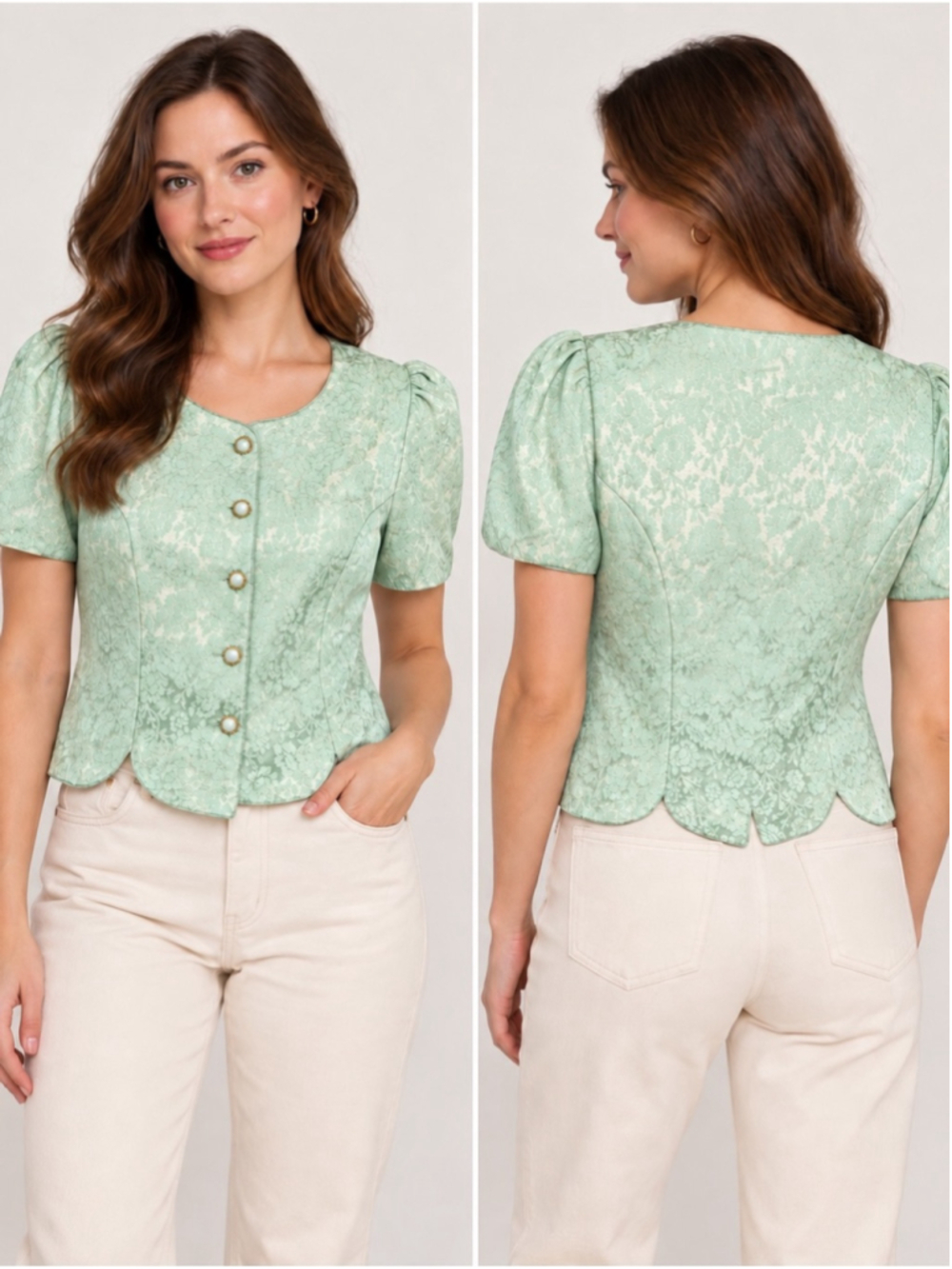 Vintage Petites Mint Green Lace-Textured Puff Sleeve Button Front Top Size 8P